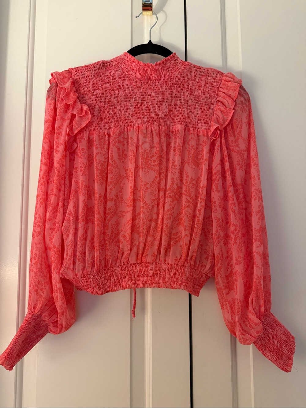 Olivaceous Coral Pink Ruffle Smocked Long-Sleeve Blouse
